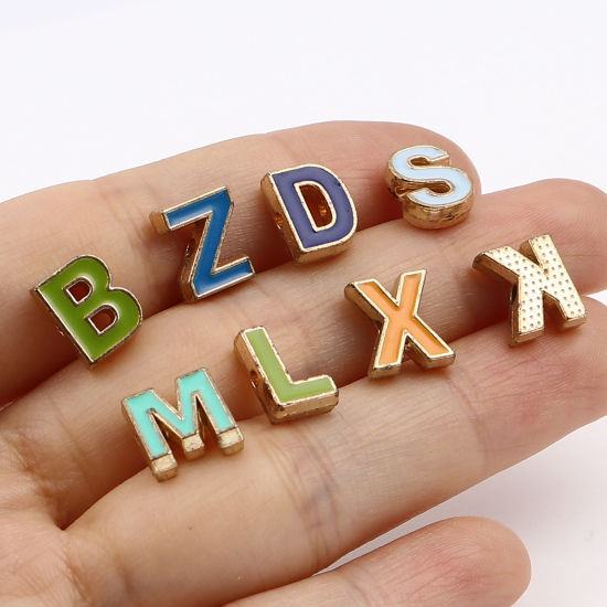 Immagine di Lega di Zinco Perline Lettera Smalto Circa 10mm x 10mm, Foro:Circa 1.5mm, 10 Pz