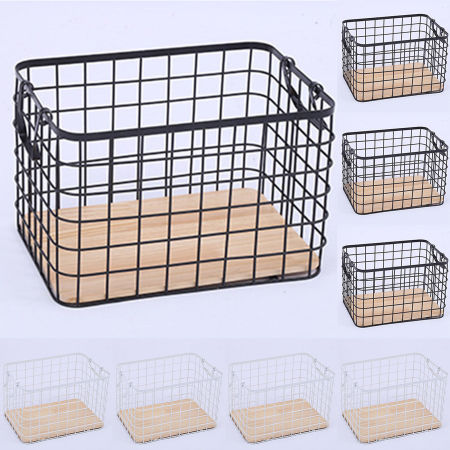 Wrought Iron Grid Storage Basket With Wooden Board