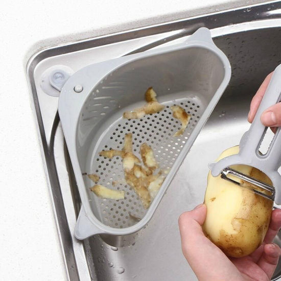Picture of PP Kitchen Triangle Drain Basket Suction Cup Type Sink Filter Rack Sink Garbage Storage Hanging Basket