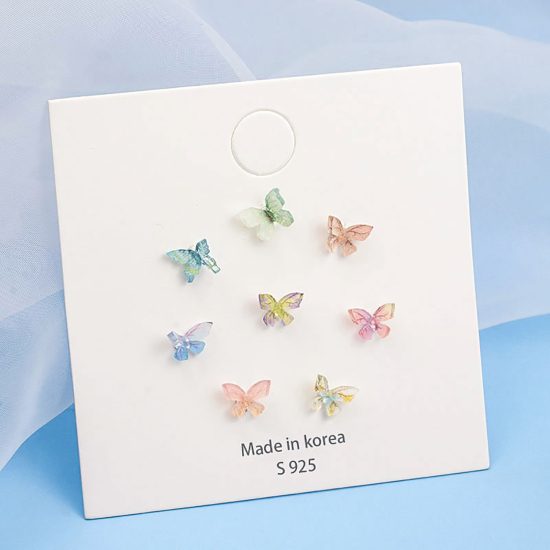 Image de Boucles d'Oreilles Puces en Argent Pur & Résine Multicolore Papillon 10mm x 5mm, 1 Paire