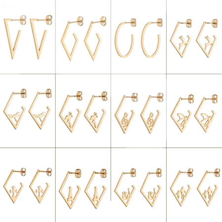 Stainless Steel Ear Post Stud Earrings Rhombus 30mm x 20mm, 1 Pair