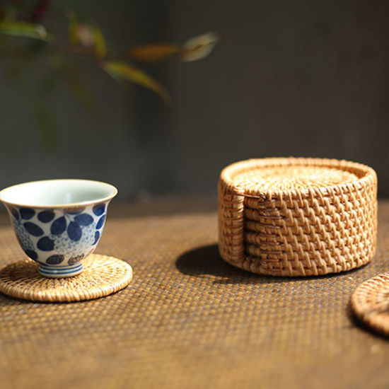 Изображение Rattan Weaving Round Tea Coaster Mat Tea Ceremony Tools