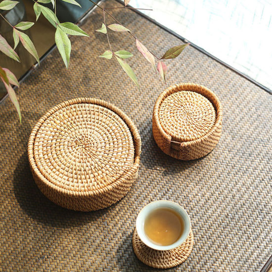 Изображение Rattan Weaving Round Tea Coaster Mat Tea Ceremony Tools