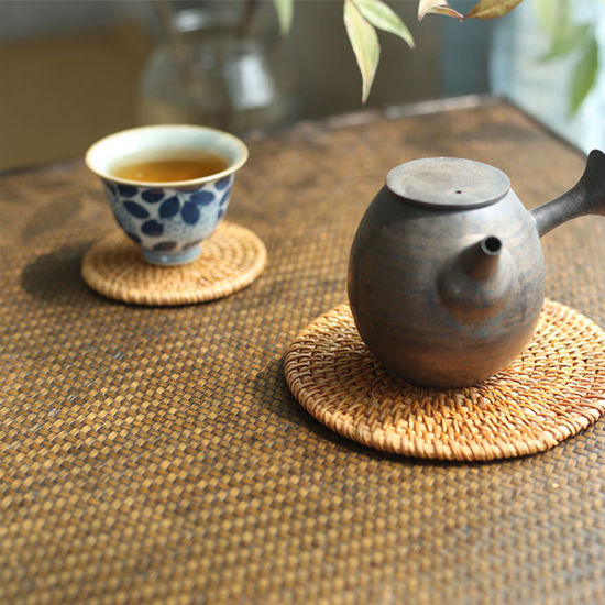 Изображение Rattan Weaving Round Tea Coaster Mat Tea Ceremony Tools