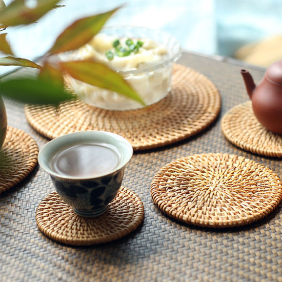 Изображение Rattan Weaving Round Tea Coaster Mat Tea Ceremony Tools