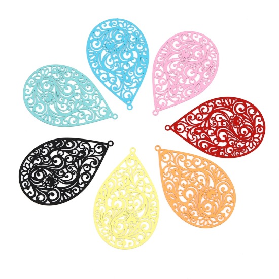 Picture of Iron Based Alloy Filigree Stamping Pendants Multicolor Matte Drop Painted