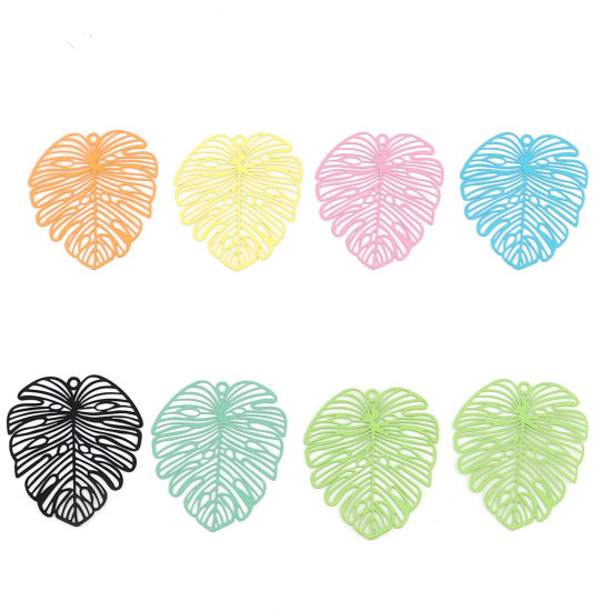 Picture of Iron Based Alloy Filigree Stamping Pendants Multicolor Matte Monstera Leaf Painted