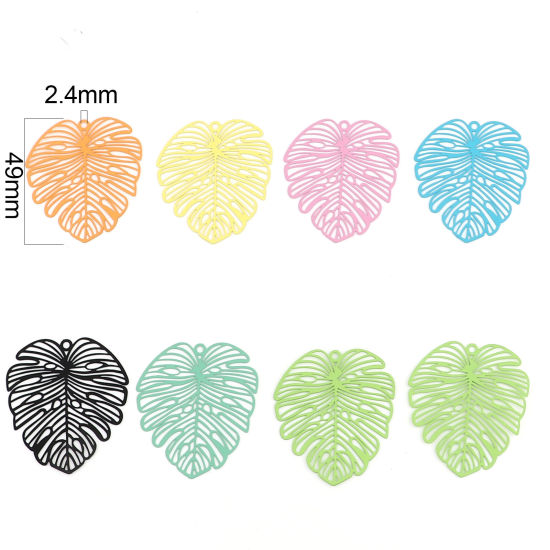 Picture of Iron Based Alloy Filigree Stamping Pendants Multicolor Matte Monstera Leaf Painted