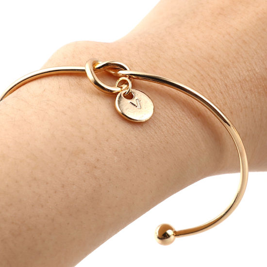 Picture of Open Cuff Bangles Bracelets Gold Plated Round Initial Alphabet/ Capital Letter