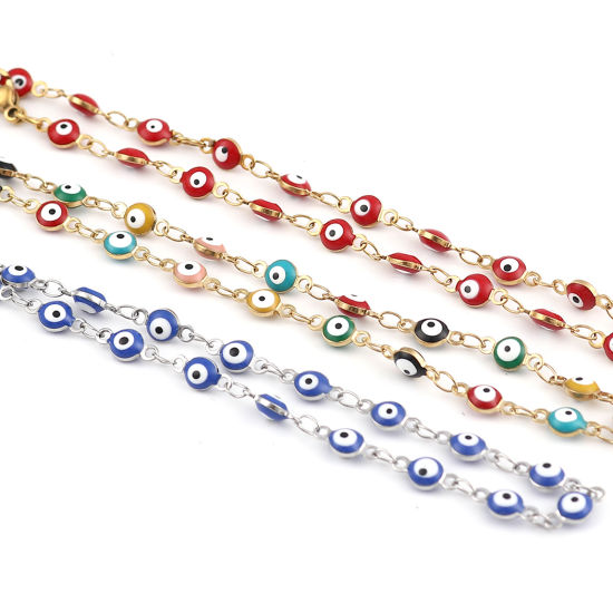 Picture of 1 Piece Vacuum Plating Stainless Steel Religious Anklet Enamel Round Evil Eye