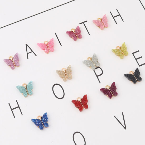 Immagine di Lega di Zinca + Acrilato Insetto Charms Farfalla Oro Placcato Multicolore Brillio 14mm x 13mm , 10 Pz