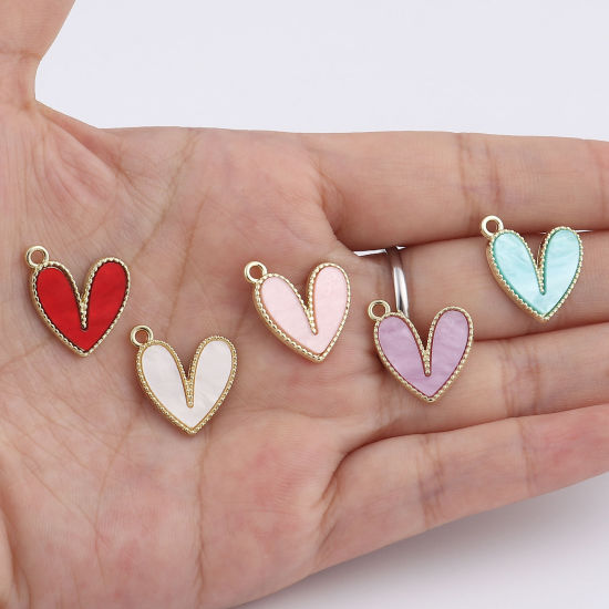 Immagine di Lega di Zinca + Acrilato Charms Cuore Oro Placcato Multicolore 18mm x 15mm , 10 Pz