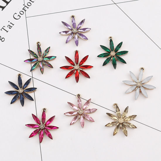 Picture of Zinc Based Alloy Charms Flower Gold Plated Multicolour Cubic Zirconia 28mm x 26mm, 5 PCs