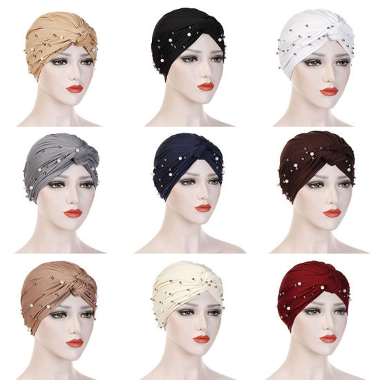 Picture of Polyester Elastane Imitation Pearls Beaded Tied Knot Women's Turban Hat