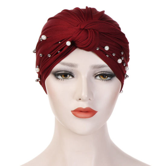 Picture of Polyester Elastane Imitation Pearls Beaded Tied Knot Women's Turban Hat