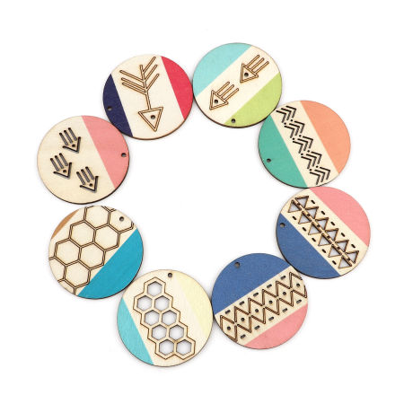 Pendentifs en Bois Naturel Rond Multicolore 5cm Dia, 10 Pcs