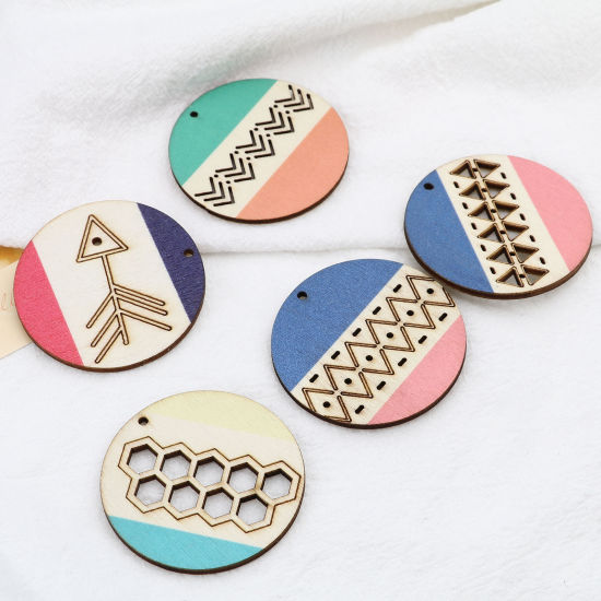 Picture of Natural Wood Pendants Round Disc Multicolor 5cm Dia, 10 PCs