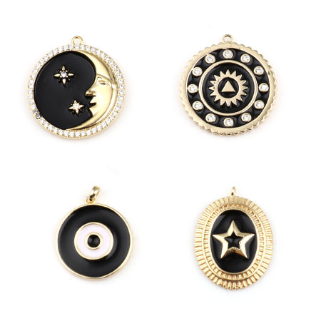 Messing Galaxis Charms Halbmond 18K Echtgold plattiert Schwarz Stern Emaille 1 Stück