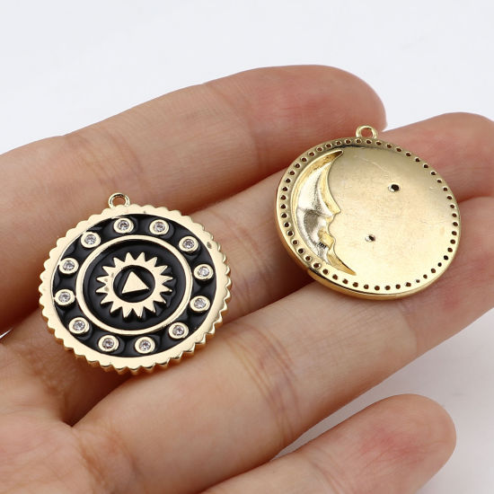Imagen de Latón Galaxia Colgantes Charms 18K Oro Real Chapado Negro Luna Media Estrella Esmalte 1 Unidad