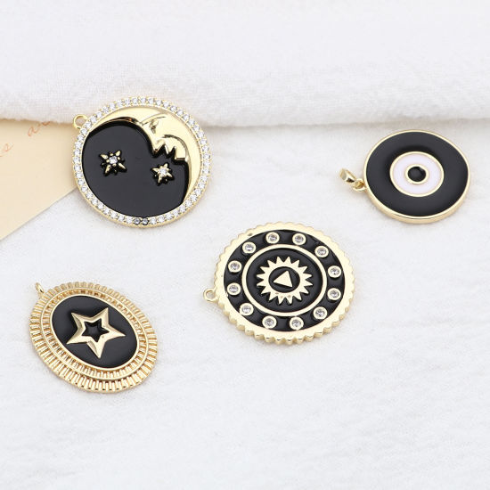 Imagen de Latón Galaxia Colgantes Charms 18K Oro Real Chapado Negro Luna Media Estrella Esmalte 1 Unidad