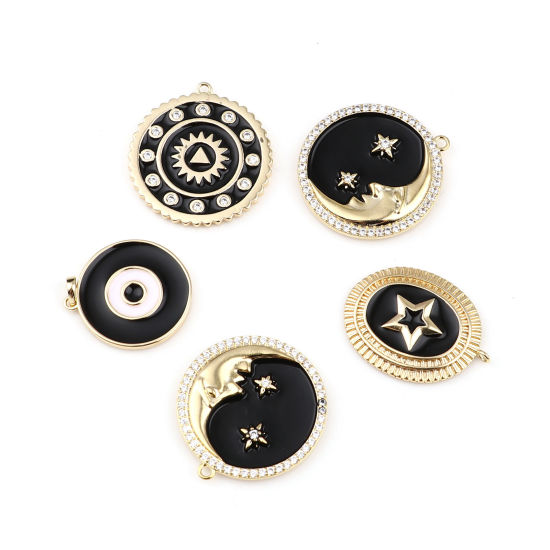 Imagen de Latón Galaxia Colgantes Charms 18K Oro Real Chapado Negro Luna Media Estrella Esmalte 1 Unidad