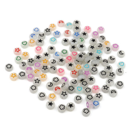Acrylic Beads Flat Round Multicolor Pentagram Star Pattern About 7mm Dia., Hole: Approx 1.5mm, 500 PCs