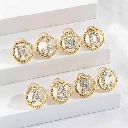 Zinc Based Alloy Ear Post Stud Earrings Gold Plated Round Initial Alphabet/ Capital Letter Clear Rhinestone 15mm Dia., Post/ Wire Size: (21 gauge), 2 PCs