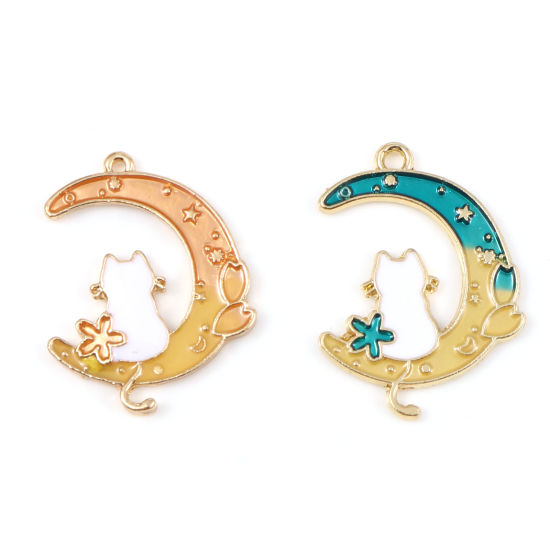 Picture of Zinc Based Alloy Galaxy Charms Half Moon Gold Plated Multicolor Cat Enamel 28mm x 20mm, 10 PCs