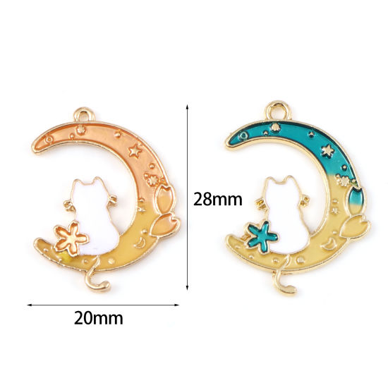 Picture of Zinc Based Alloy Galaxy Charms Half Moon Gold Plated Multicolor Cat Enamel 28mm x 20mm, 10 PCs