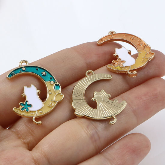 Picture of Zinc Based Alloy Galaxy Charms Half Moon Gold Plated Multicolor Cat Enamel 28mm x 20mm, 10 PCs