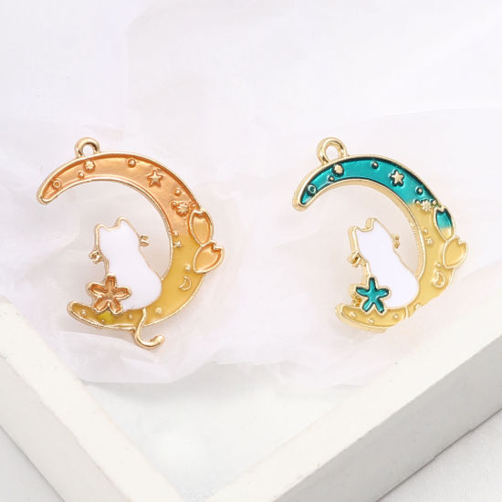 Picture of Zinc Based Alloy Galaxy Charms Half Moon Gold Plated Multicolor Cat Enamel 28mm x 20mm, 10 PCs