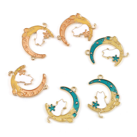 Picture of Zinc Based Alloy Galaxy Charms Half Moon Gold Plated Multicolor Cat Enamel 28mm x 20mm, 10 PCs