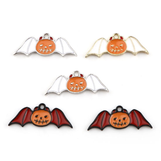 Immagine di Lega di Zinco Charms Zucca Multicolore Halloween Pipistrello Smalto 26mm x 10mm , 10 Pz