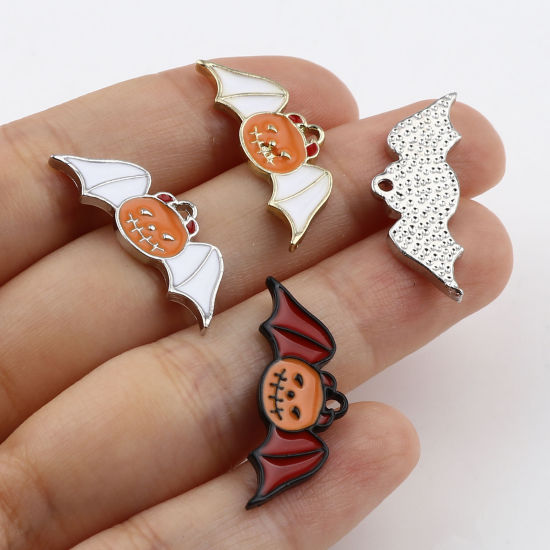Immagine di Lega di Zinco Charms Zucca Multicolore Halloween Pipistrello Smalto 26mm x 10mm , 10 Pz