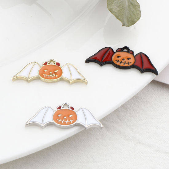 Immagine di Lega di Zinco Charms Zucca Multicolore Halloween Pipistrello Smalto 26mm x 10mm , 10 Pz