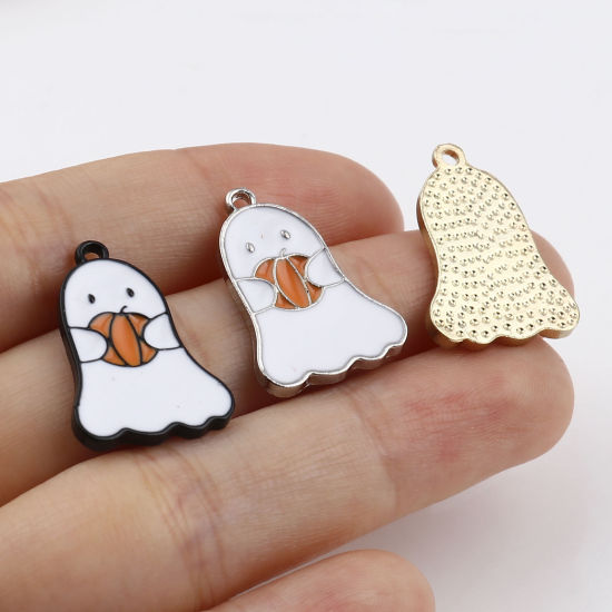Immagine di Lega di Zinco Charms Zucca Multicolore Halloween Fantasma Smalto 22mm x 15mm , 10 Pz