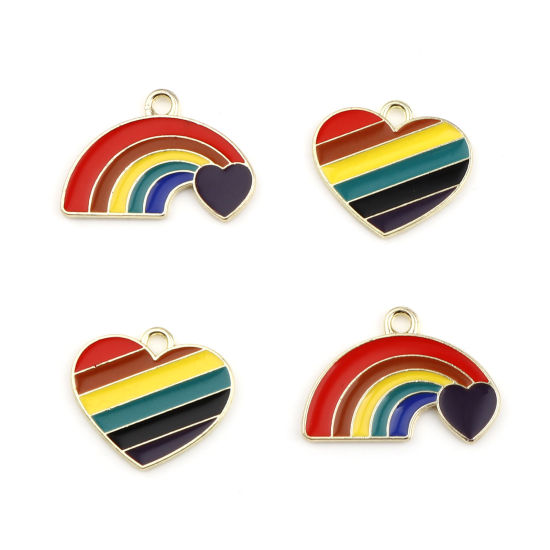 Immagine di Lega di Zinco Tempo Collezione Charms Arcobaleno Multicolore Cuore Smalto 10 Pz