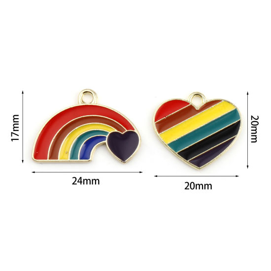 Immagine di Lega di Zinco Tempo Collezione Charms Arcobaleno Multicolore Cuore Smalto 10 Pz
