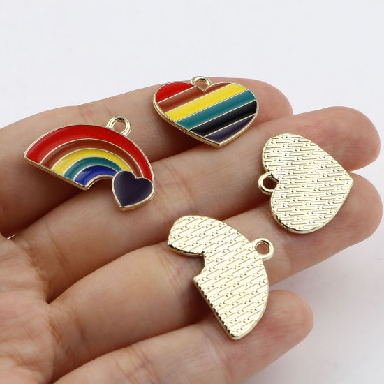 Immagine di Lega di Zinco Tempo Collezione Charms Arcobaleno Multicolore Cuore Smalto 10 Pz