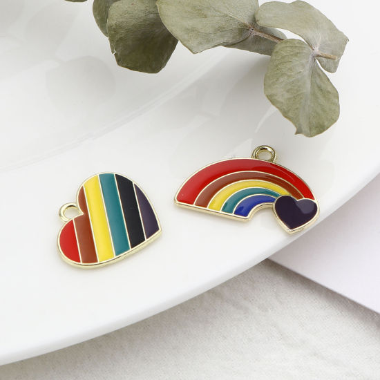 Immagine di Lega di Zinco Tempo Collezione Charms Arcobaleno Multicolore Cuore Smalto 10 Pz