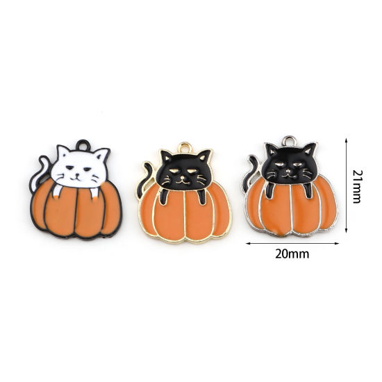 Imagen de Zamak Colgantes Charms Gato Multicolor Halloween Calabaza Esmalte 21mm x 20mm, 10 Unidades