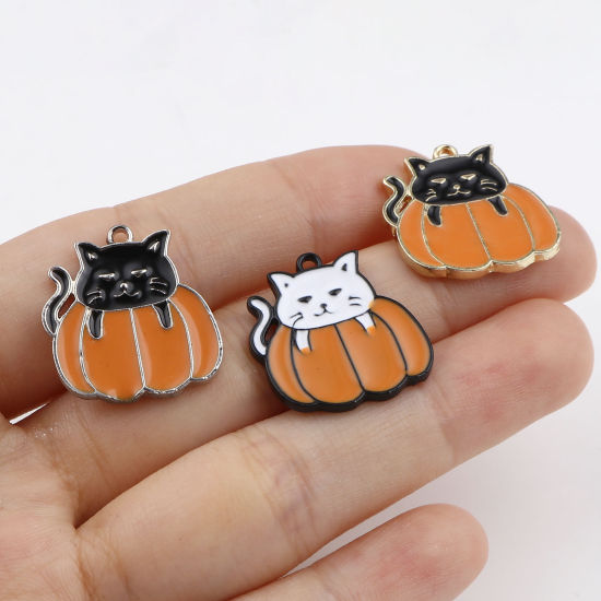 Imagen de Zamak Colgantes Charms Gato Multicolor Halloween Calabaza Esmalte 21mm x 20mm, 10 Unidades