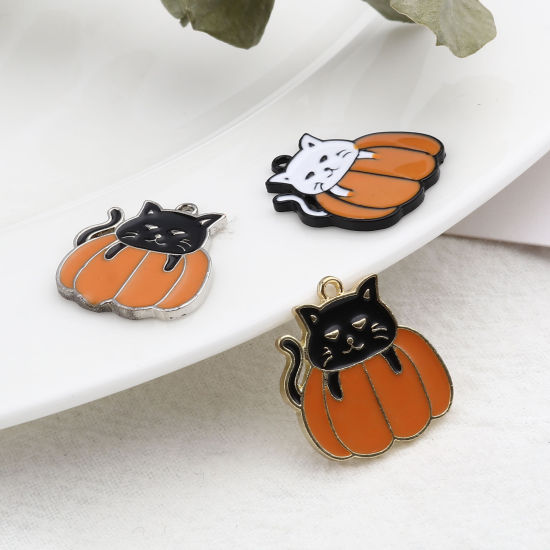 Imagen de Zamak Colgantes Charms Gato Multicolor Halloween Calabaza Esmalte 21mm x 20mm, 10 Unidades