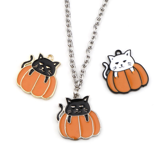 Imagen de Zamak Colgantes Charms Gato Multicolor Halloween Calabaza Esmalte 21mm x 20mm, 10 Unidades