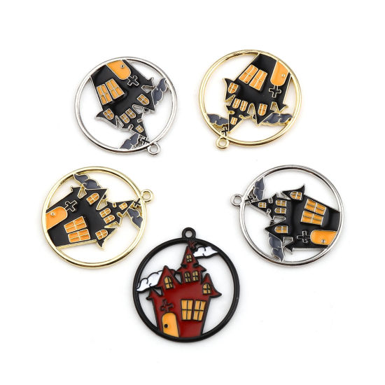 Picture of Zinc Based Alloy Halloween Charms Round Multicolor Castle Enamel 24mm x 22mm, 5 PCs