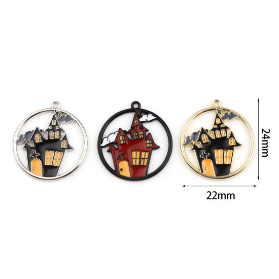 Picture of Zinc Based Alloy Halloween Charms Round Multicolor Castle Enamel 24mm x 22mm, 5 PCs