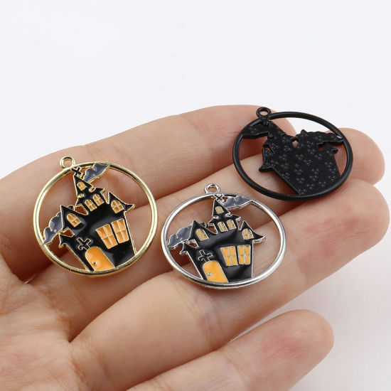 Picture of Zinc Based Alloy Halloween Charms Round Multicolor Castle Enamel 24mm x 22mm, 5 PCs