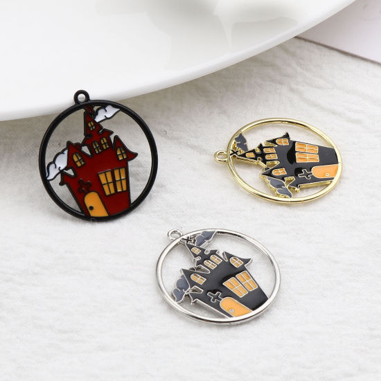 Picture of Zinc Based Alloy Halloween Charms Round Multicolor Castle Enamel 24mm x 22mm, 5 PCs