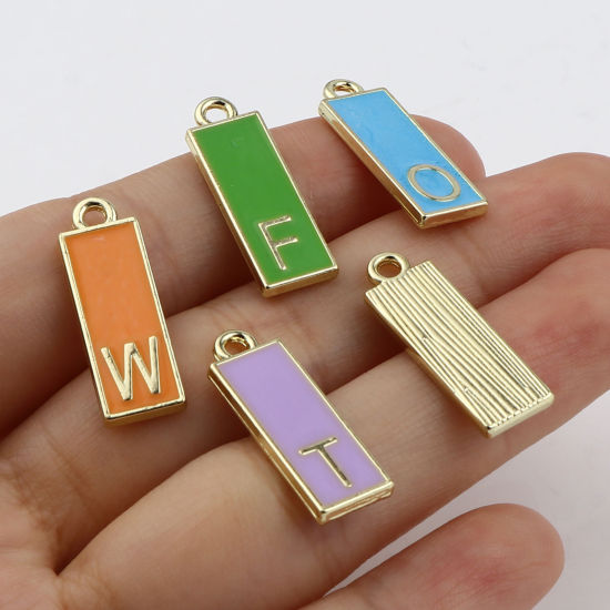 Immagine di Lega di Zinco Charms Rettangolo Oro Placcato Multicolore Lettera Maiuscola Smalto 23mm x 8mm , 10 Pz
