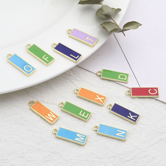 Immagine di Lega di Zinco Charms Rettangolo Oro Placcato Multicolore Lettera Maiuscola Smalto 23mm x 8mm , 10 Pz